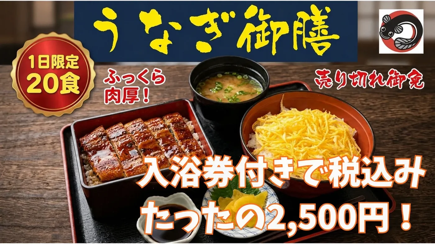 うなぎ御膳 入浴券付 2,500円／食事のみ 2,000円（税込）